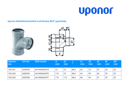 Viemärin muhvihaara Uponor 75/75x88,5