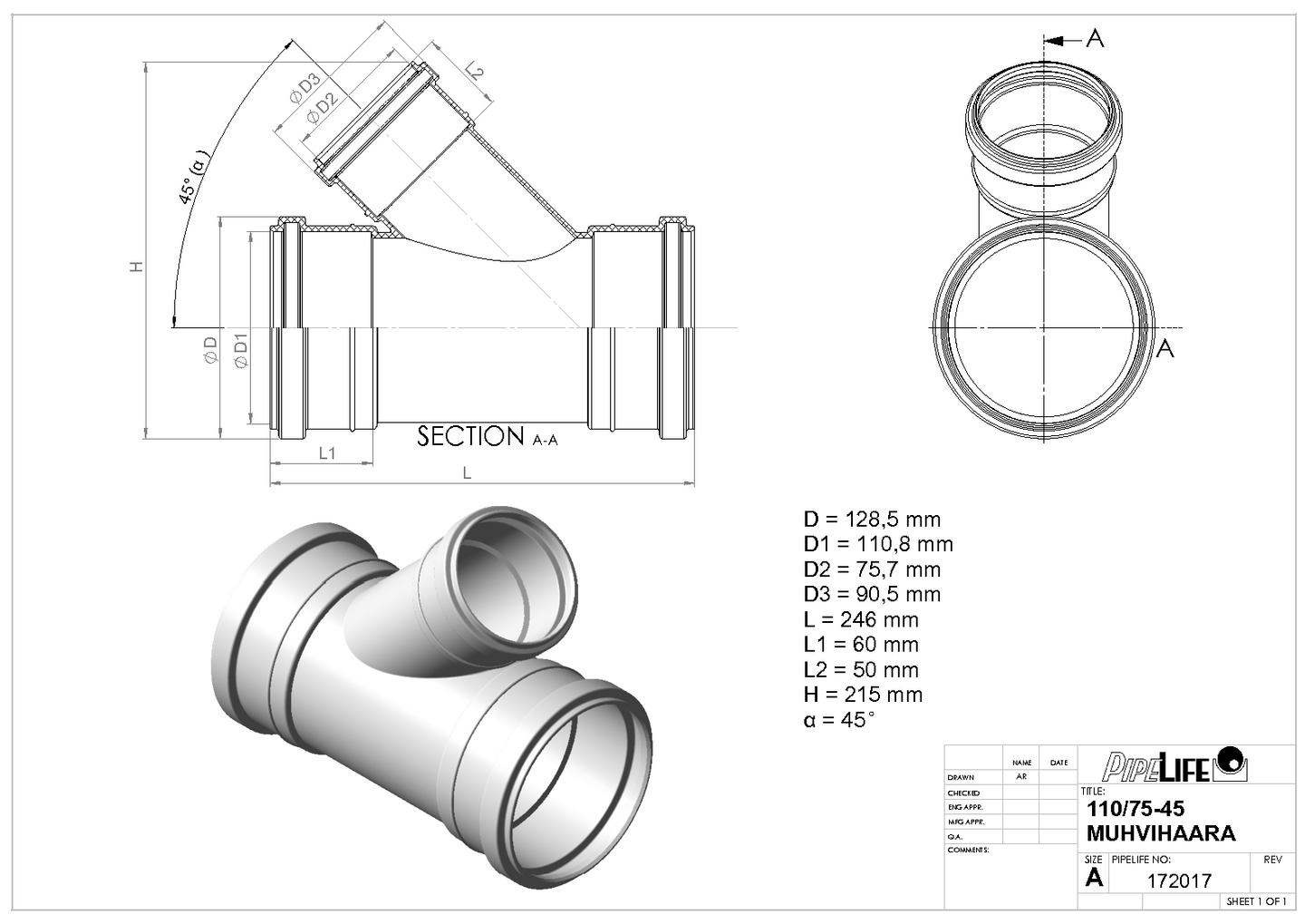 Viemärin muhvihaara Uponor 110/75x45