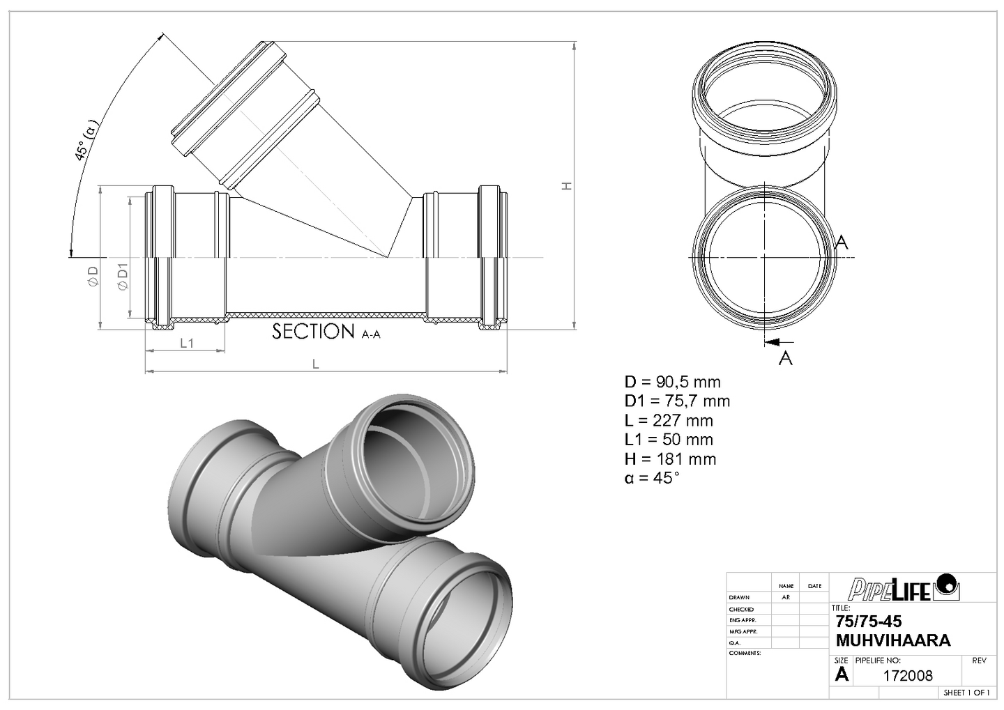 Viemärin muhvihaara Uponor 75/75x45