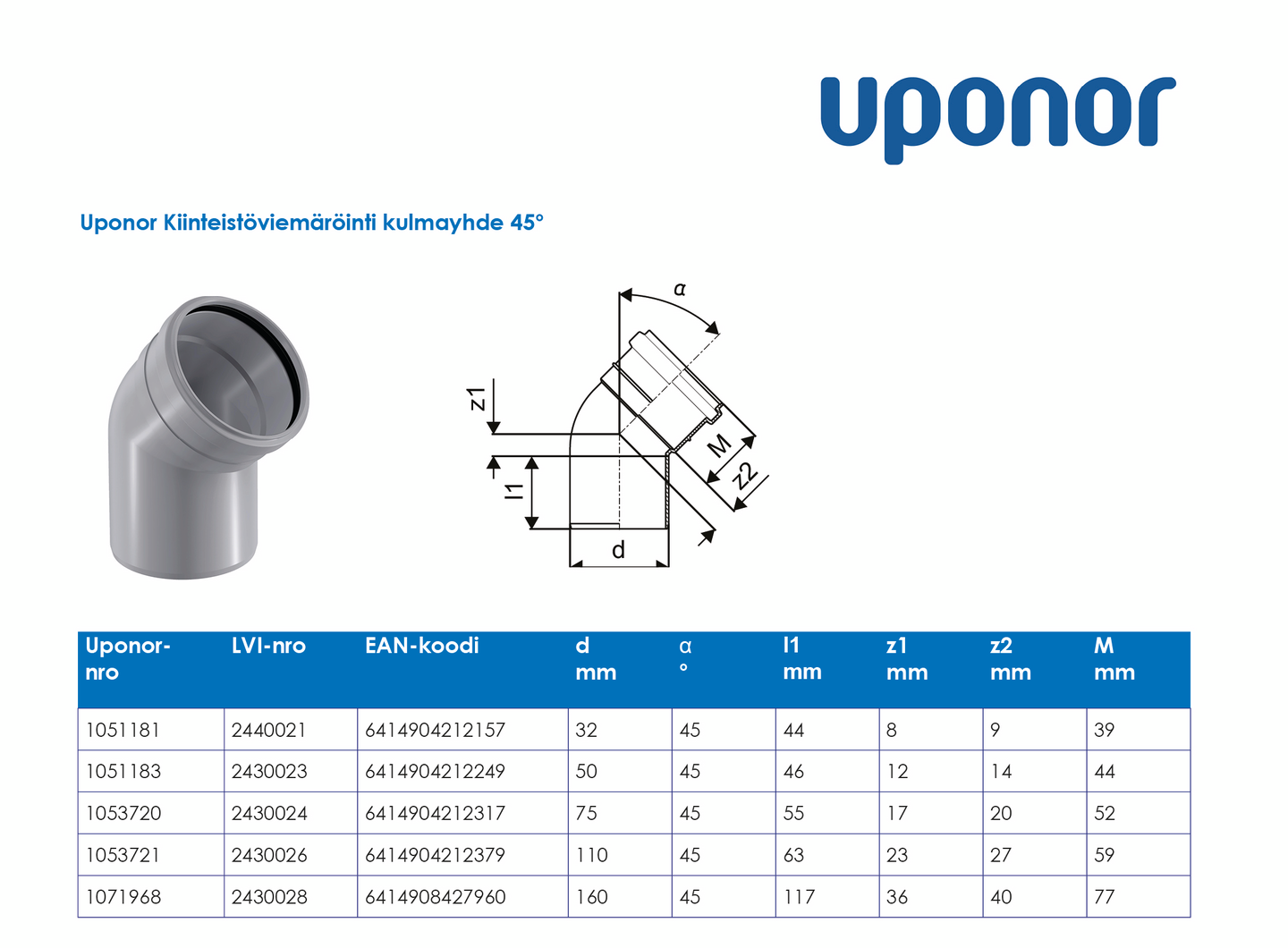 Viemärin kulmayhde Uponor 110x45