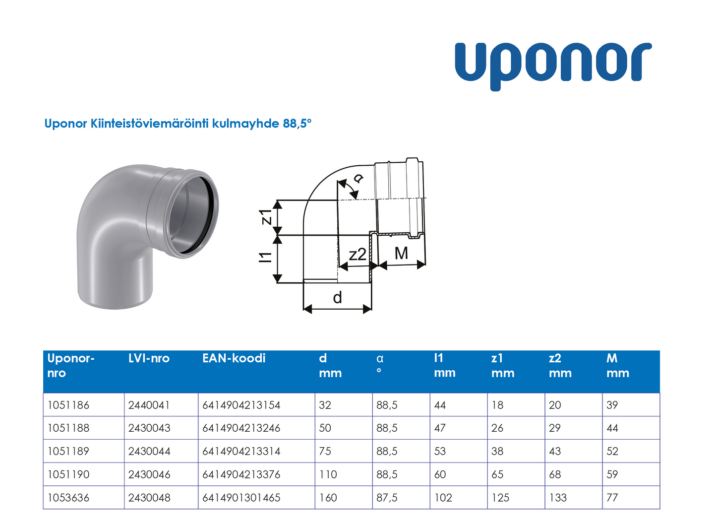 Viemärin kulmayhde Uponor 110x88,5