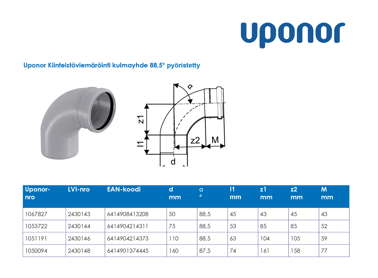 HT-kulmayhde Uponor 50x88,5 pyöristetty
