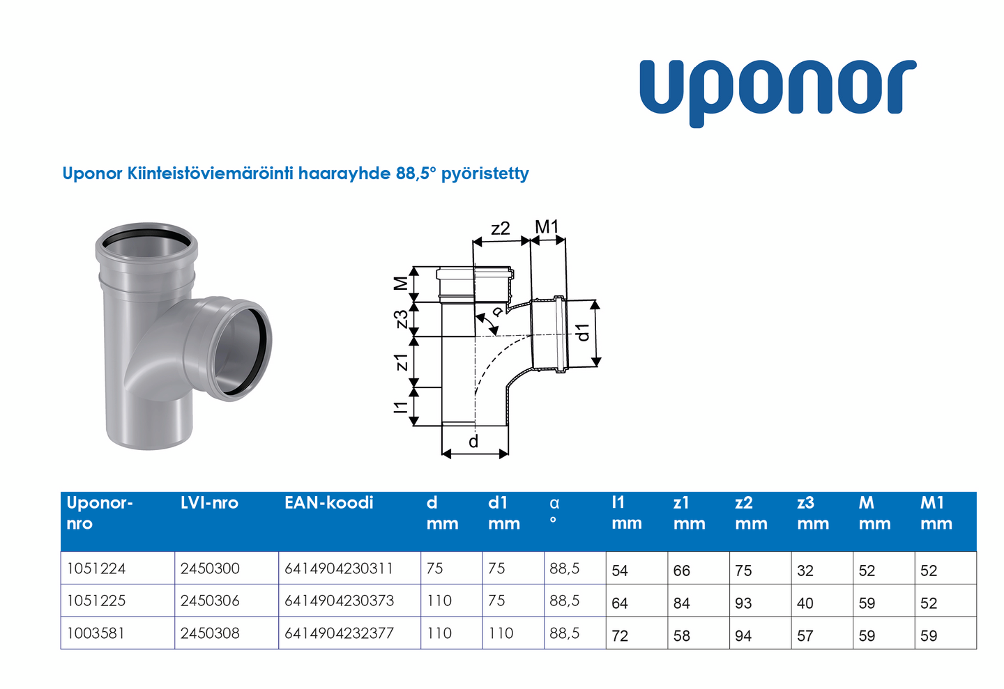 Viemärin haarayhde Uponor 110x110x88,5 pyöristetty
