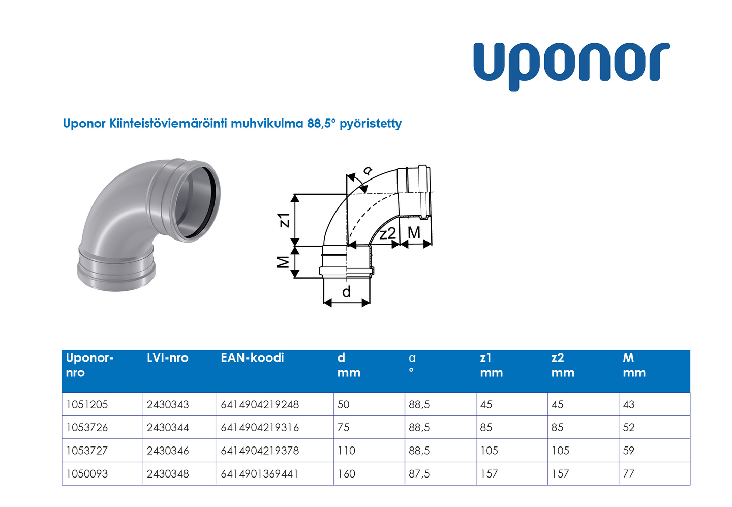 Viemärin muhvikulma Uponor 110x88,5 pyöristetty