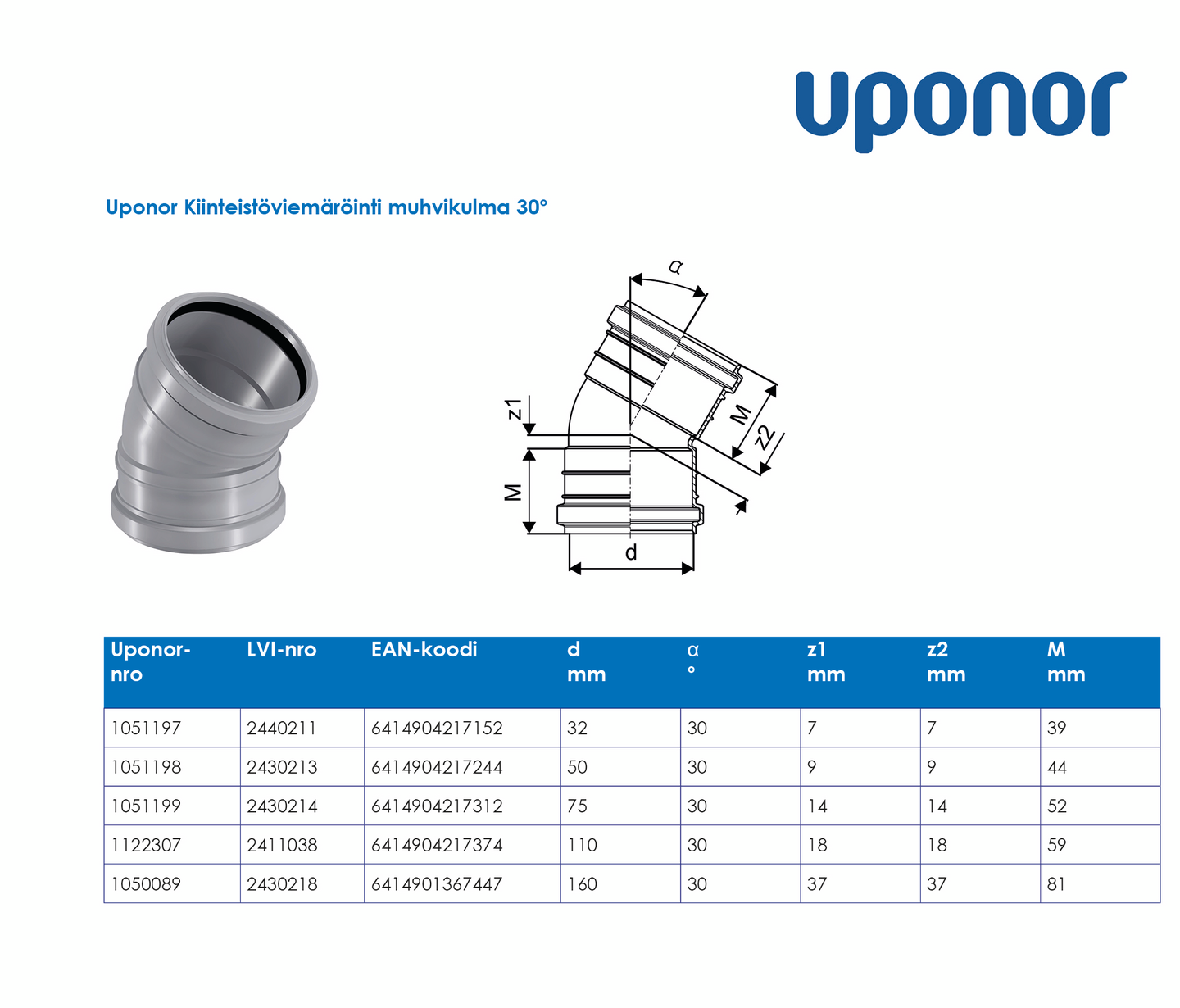 Viemärin muhvikulma Uponor 50x30