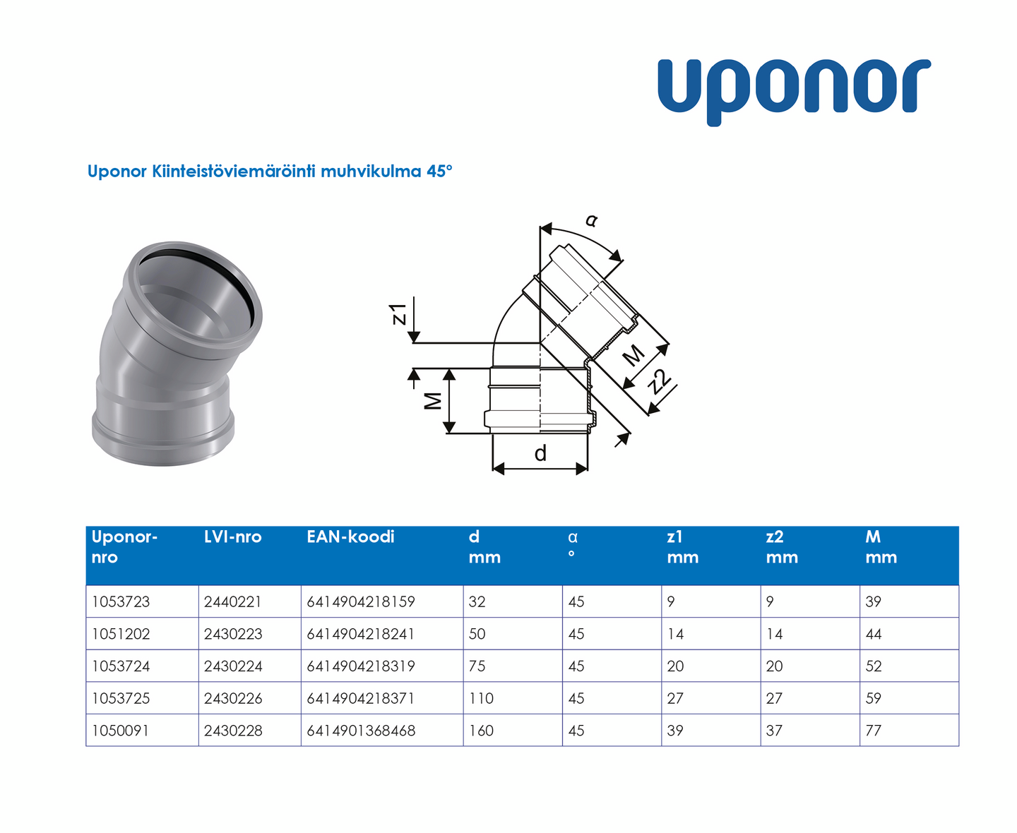 Viemärin muhvikulma Uponor 75x45