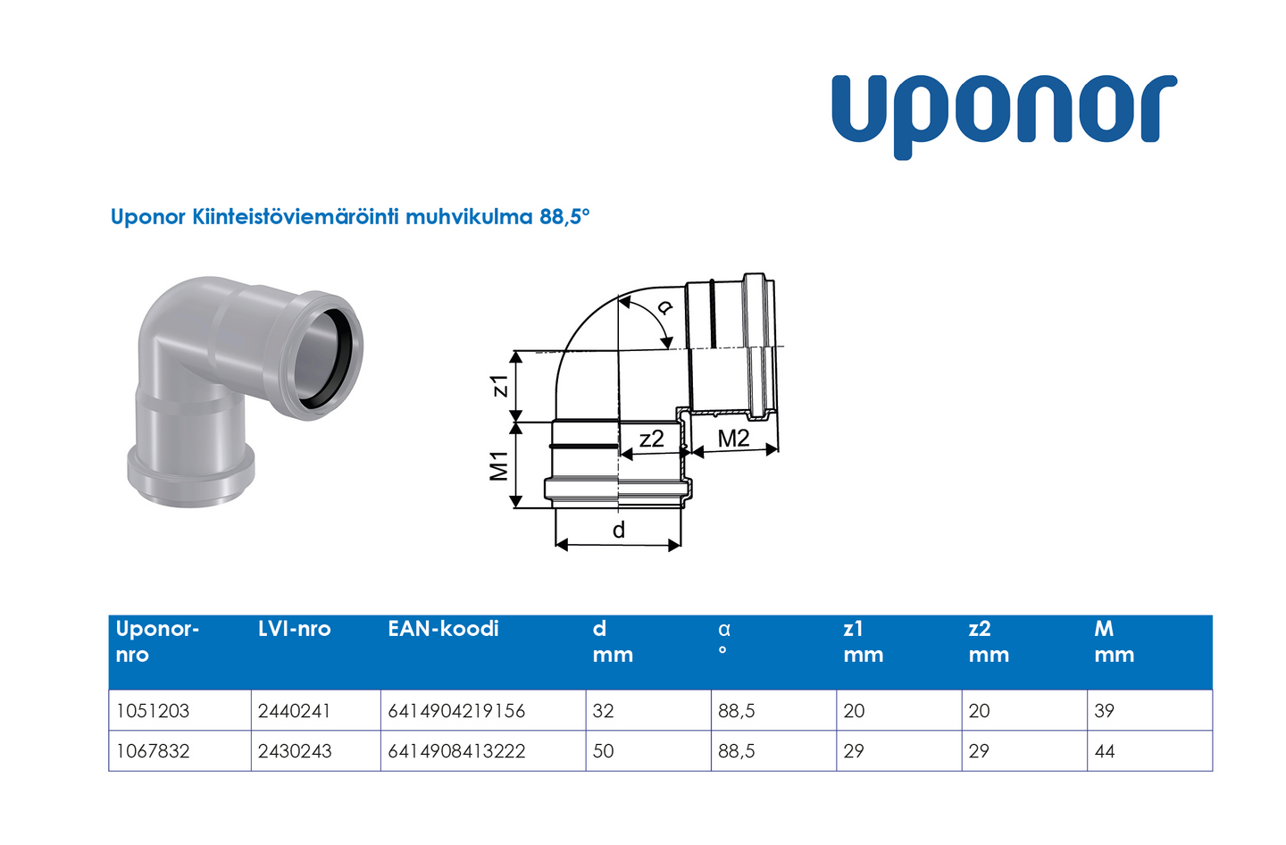 Viemärin muhvikulma Uponor 32x88,5 valkoinen