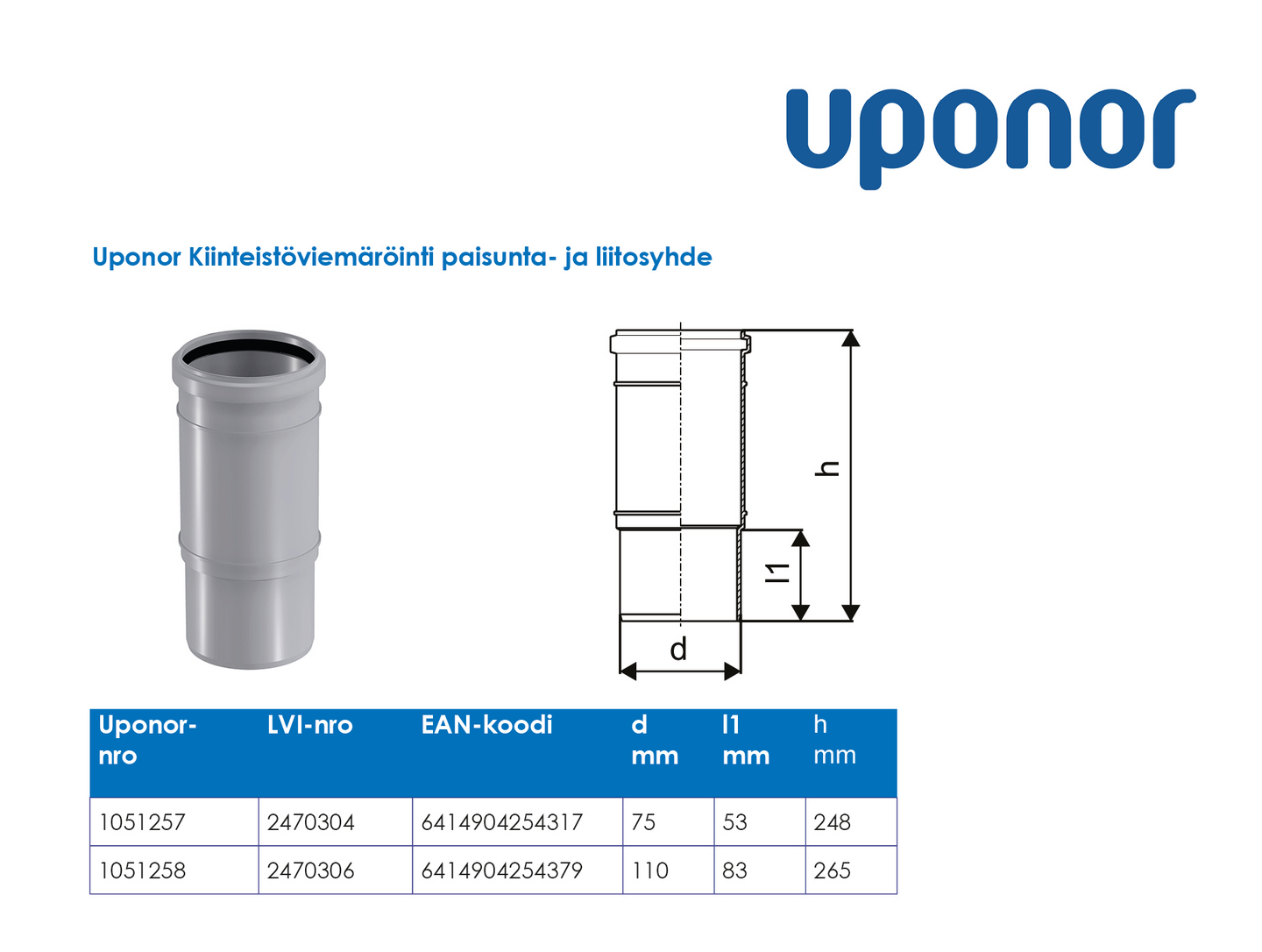 Viemärin paisunta-ja liitosyhde Uponor HT 75
