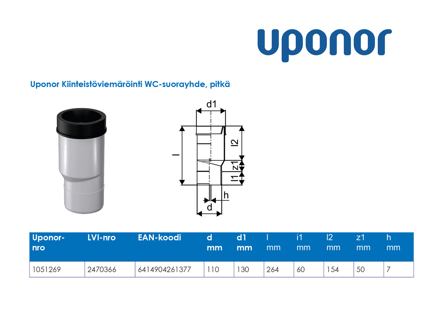 Viemärin suora wc-yhde Uponor 110 pitkä