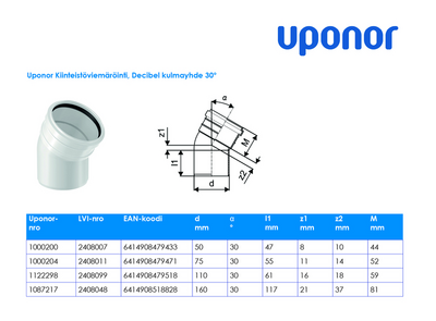 Kulmayhde Uponor Decibel 50x30 polypropeeni