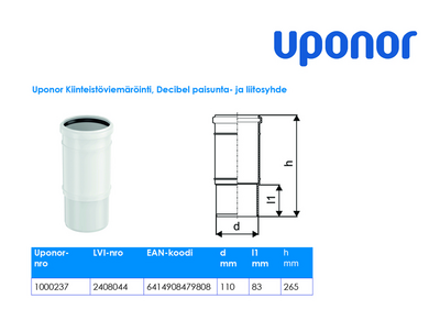 Paisunta-/liitosyhde Uponor Decibel 110 polypropeeni