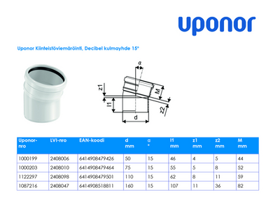 Kulmayhde Uponor Decibel 160x15 polypropeeni