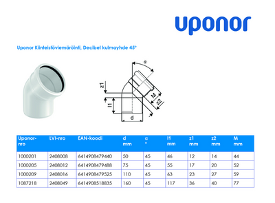 Kulmayhde Uponor Decibel 160x45 polypropeeni