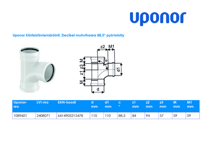 Muhvihaara Uponor Decibel 110x110x88,5 pyöristetty polypropeeni