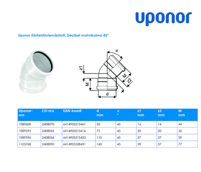 Muhvikulma Uponor Decibel 160mm 45°