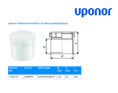 Puhdistustulppa Uponor Decibel 110mm