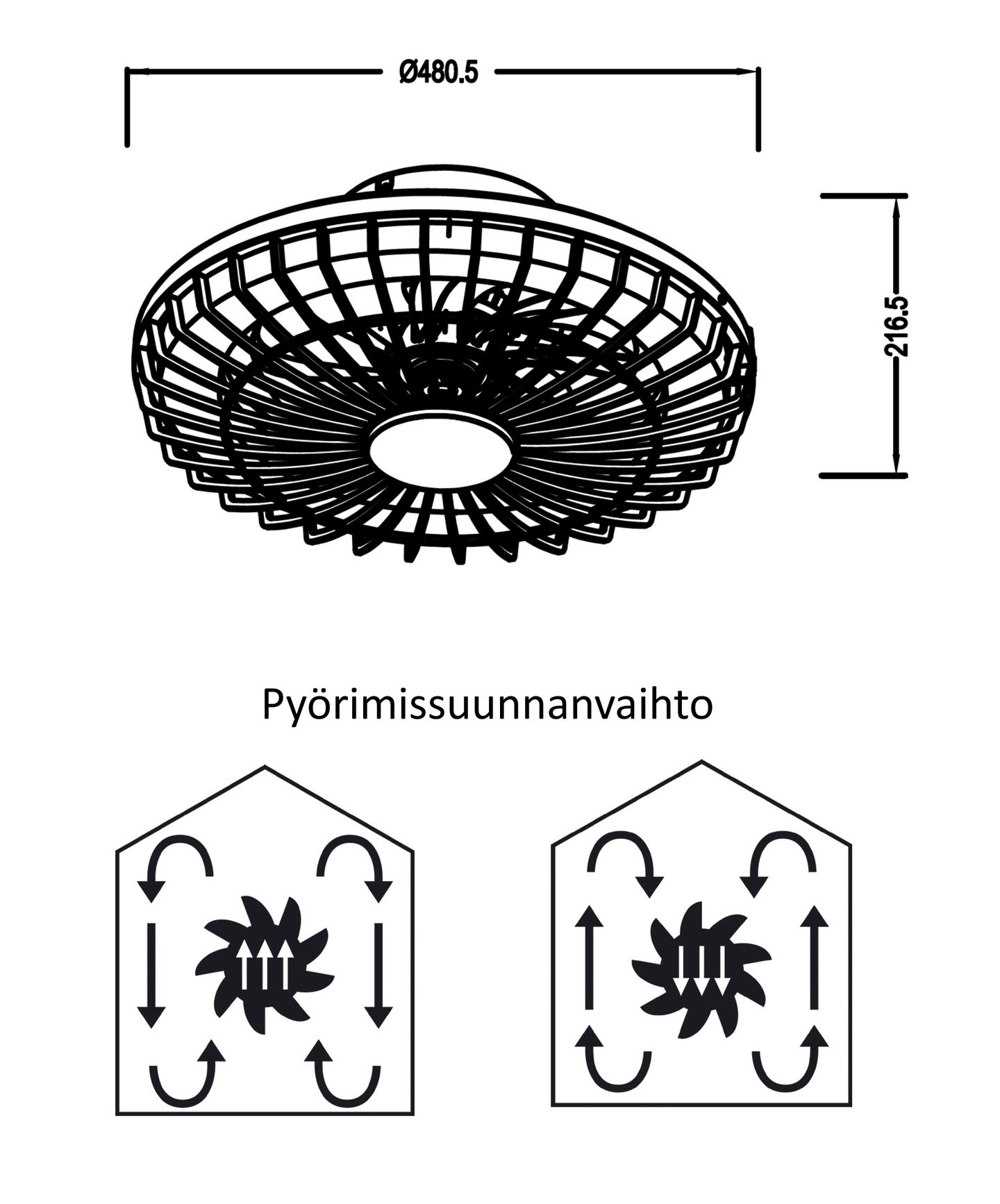 Kattotuuletinvalaisin FocusLight Milano 25W/5W/15W CCT 480mm valkoinen