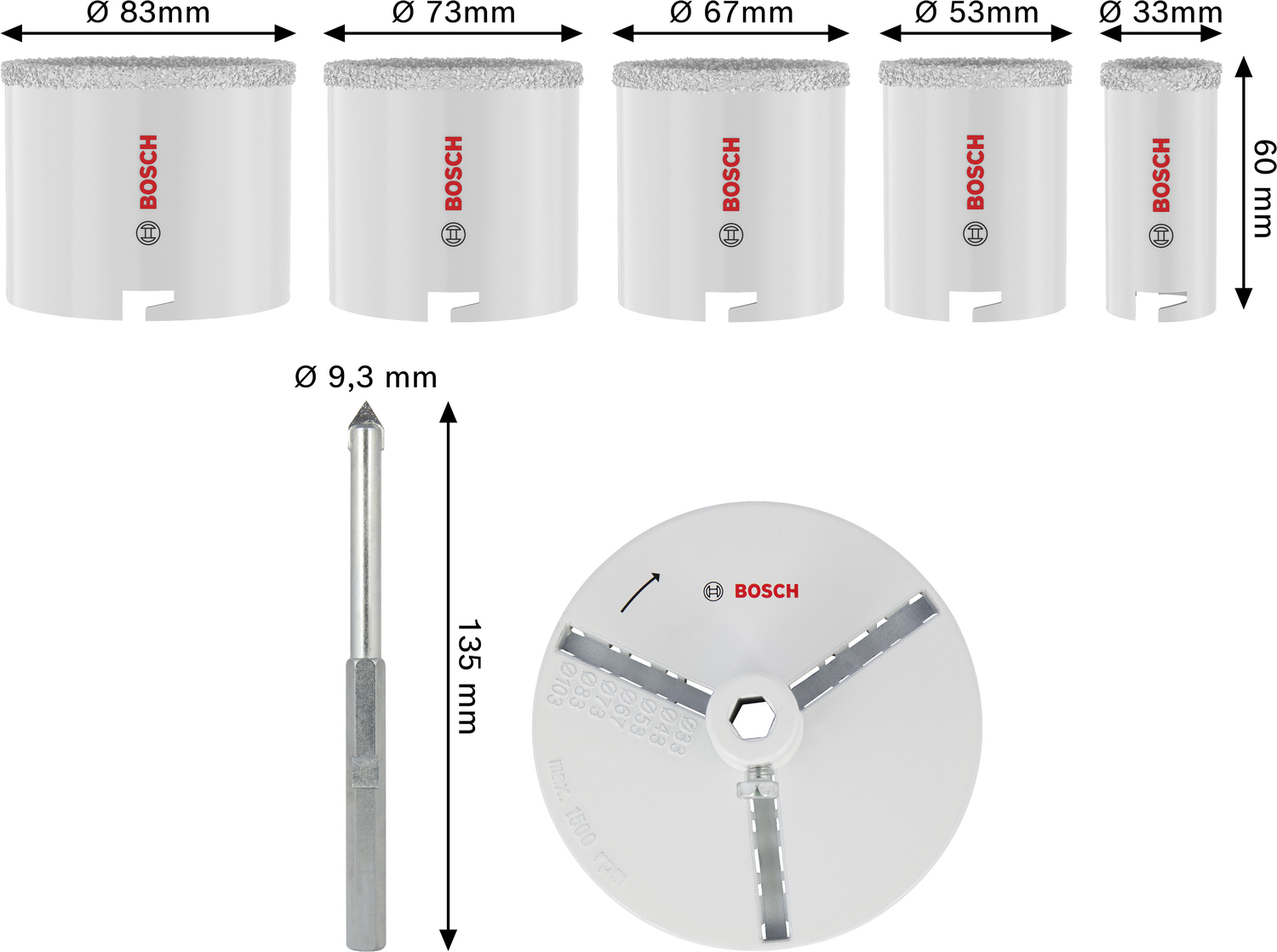 Reikäsahasarja Bosch tiili ja pehmeä laatta 33/53/67/73/83x60mm