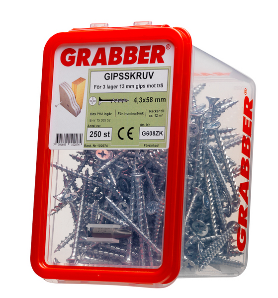 GIPSSKRUV GRABBER 4,3X58 3L 250P, TRÄ, BITS 2, CA20/M2