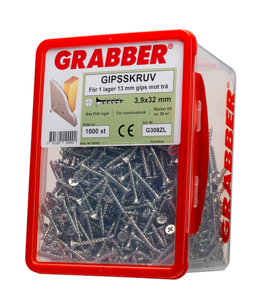 GIPSSKRUV GRABBER 3,9X32 308 1000P, TRÄ, BITS 2, CA20/M2