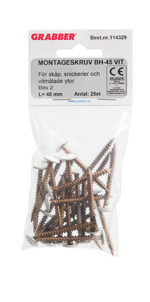 MONTAGESKRUV GRABBER BH45 VIT 45MM 25, VITLACKAT HUVUD 4,2X45