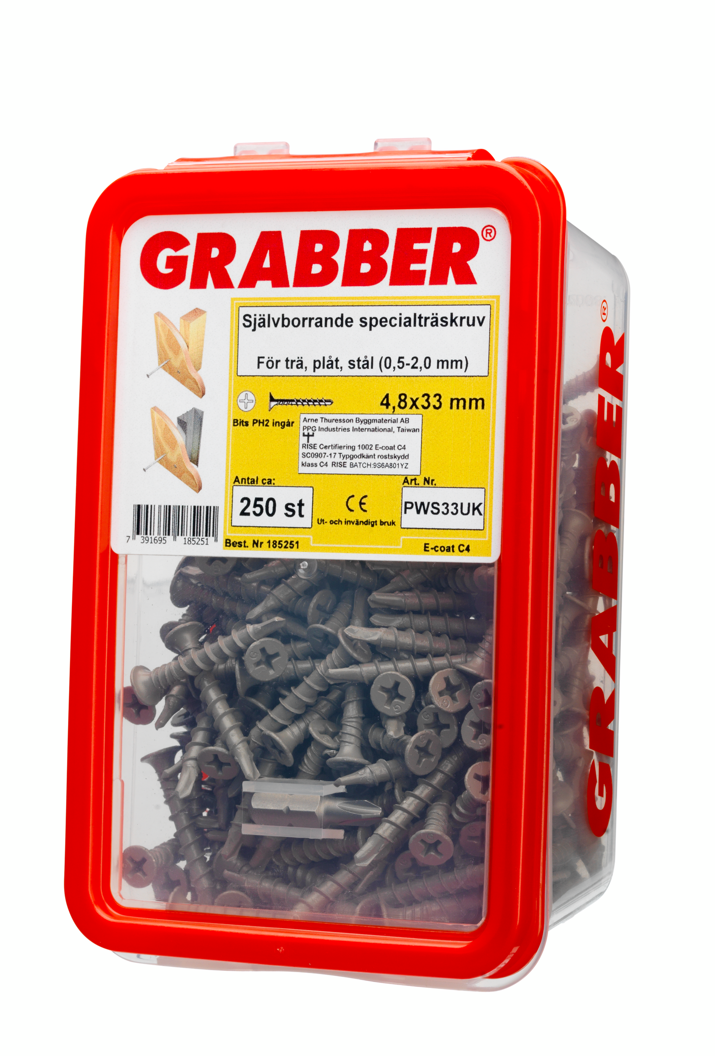MONTAGESKRUV GRABBER PWS33 UTV33 250P, ZN/NI C4 BITS 2T 4,8X33MM 250