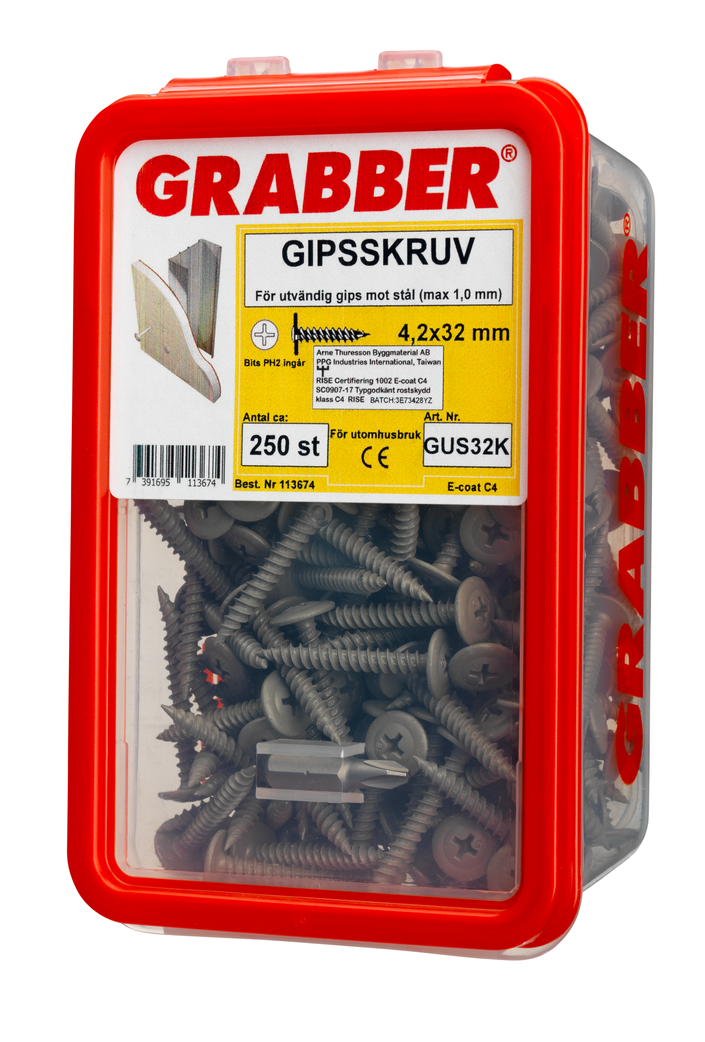 GIPSSKRUV GRABBER GUB32K 250P, STÅL, BITS 2, CA20/M2