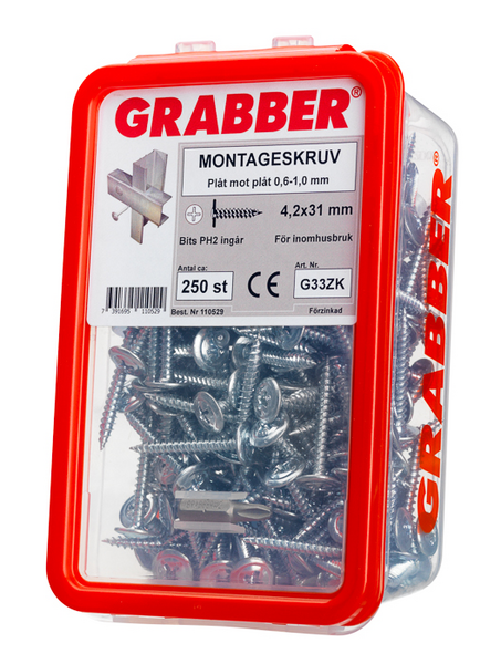 MONTAGESKRUV GRABBER G33ZK 250, BLANKFÖRZINKAD BITS 2T 250ST