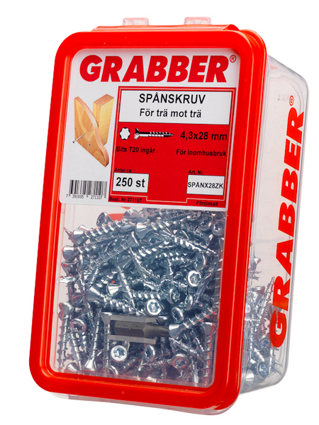 SPÅNSKRUV GRABBER ZINK TORX T20 SPÅR, SPÅNX28ZK TORX T20 SPÅR 17