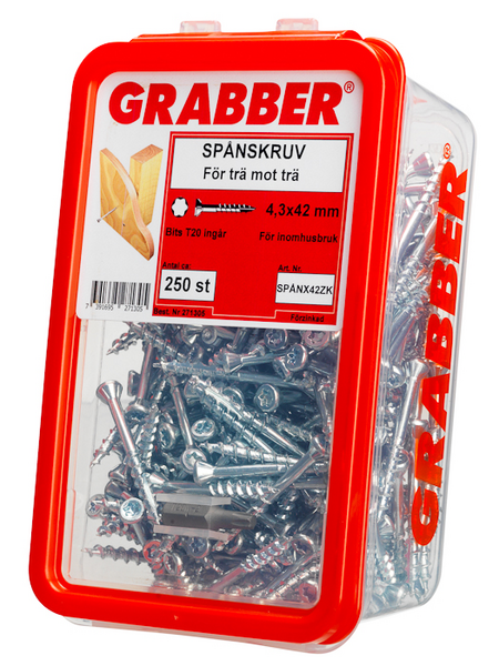 SPÅNSKRUV GRABBER ZINK TORX T20 SPÅR, SPÅNX42ZK TORX T20 SPÅR 17