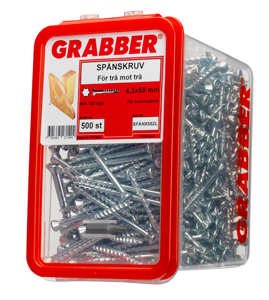 SPÅNSKRUV GRABBER ZINK TORX T20 SPÅR, SPÅNX58ZL TORX T20 SPÅR 17