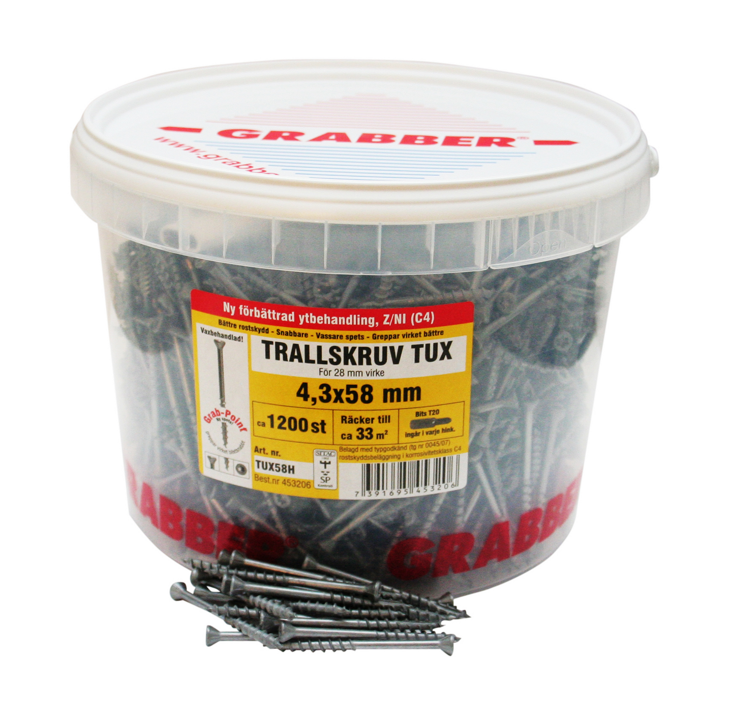 TRALLSKRUV GRABBER 4,3X58 T20 S17 1200, TUX58H T20 SPÅR17 QUICK-GRABP.