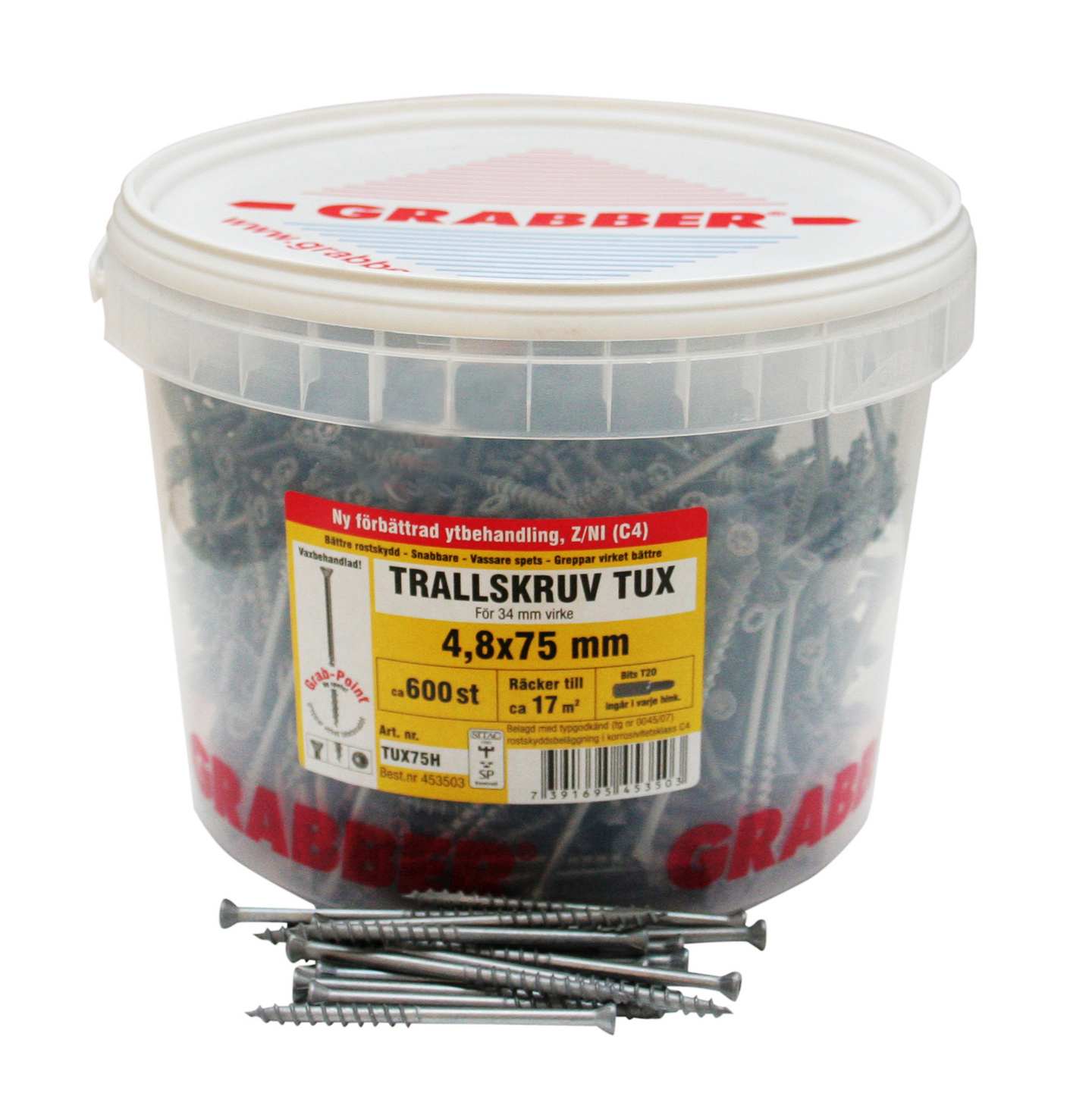 TRALLSKRUV GRABBER 4,8X75 T20 S17 600, TUX75H T20 SPÅR17 QUICK-GRABP.