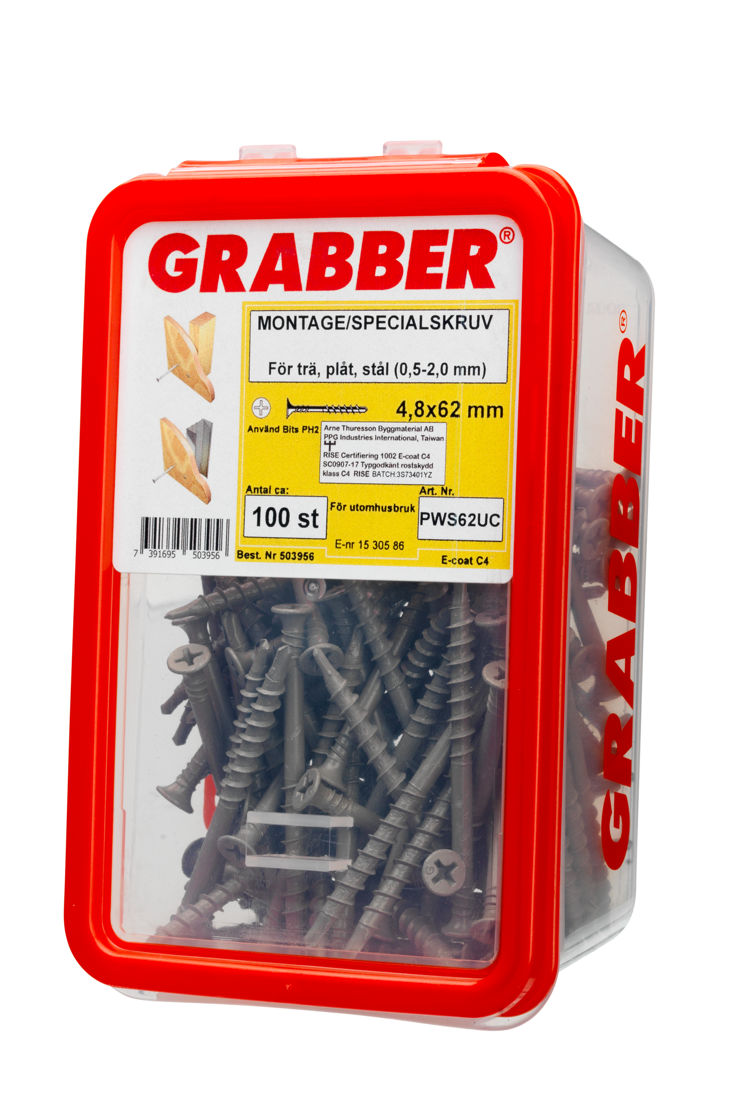 TRALLSKRUV GRABBER UTVÄNDIG 4,8X62 100, ZN/NI C4 BITS 2T 4,8X62 100