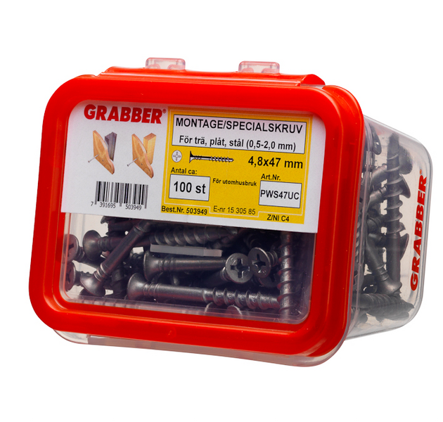 TRALLSKRUV GRABBER UTV 4,8X47 100ST, ZN/NI C4 BITS 2T 4,8X47 UC