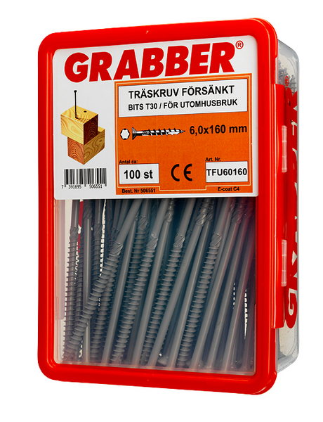 TRÄSKRUV GRABBER BITS T30 UTV FÖRSÄNKT E-COAT 6,0X160 100ST