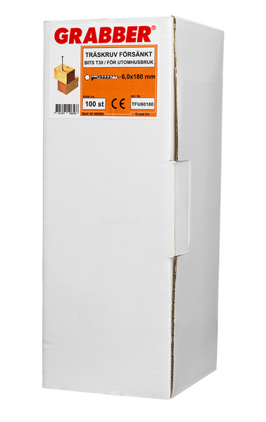 TRÄSKRUV GRABBER BITS T30 UTV FÖRSÄNKT E-COAT 6,0X180 100ST