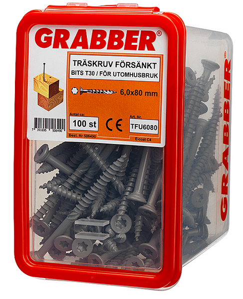 TRÄSKRUV GRABBER BITS T30 UTV FÖRSÄNKT E-COAT 6,0X80 100ST