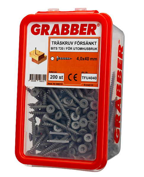 TRÄSKRUV GRABBER BITS T20 UTV FÖRSÄNKT E-COAT 4,0X40 200ST