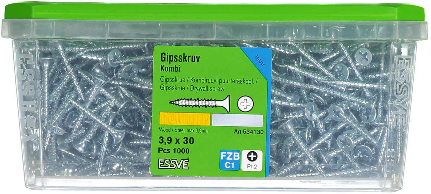 GIPSSKRUV KOMBI 3,9X30 1000ST FZB PH2 TRÄ/STÅLREGEL