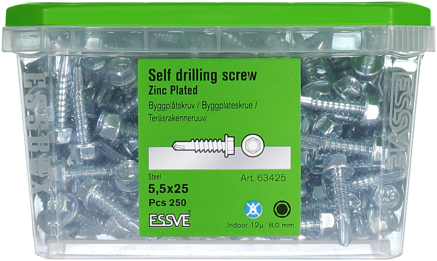 BYGGPLÅTSKRUV ESSVE BORRSPETS SEXKANTSHUVUD FZB 5,5X25 250ST