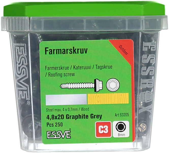 FARMARSKRUV ESSVE BORRSPETS SEXKANTS M BRICKA GRAFITGRÅ 4,8X2 250
