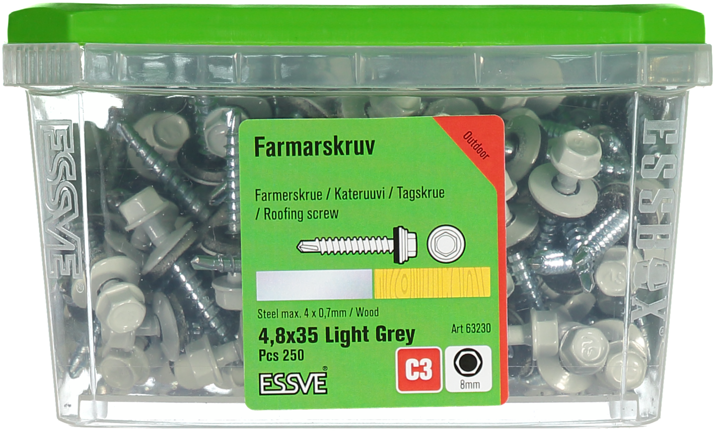 FARMARSKRUV ESSVE BORRSPETS SEXKANTS HUVUD M BRICKA LGRÅ 4,8X35 250