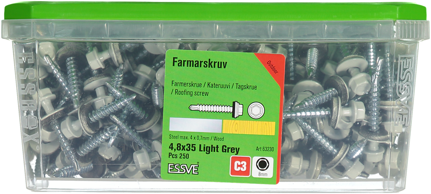 FARMARSKRUV ESSVE BORRSPETS SEXKANTS HUVUD M BRICKA LGRÅ 4,8X35 250