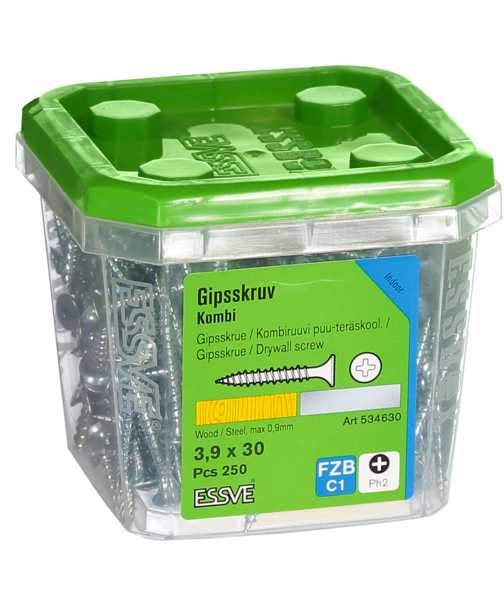 GIPSSKRUV KOMBI 3,9X30 250ST FZB PH2 TRÄ/STÅLREGEL