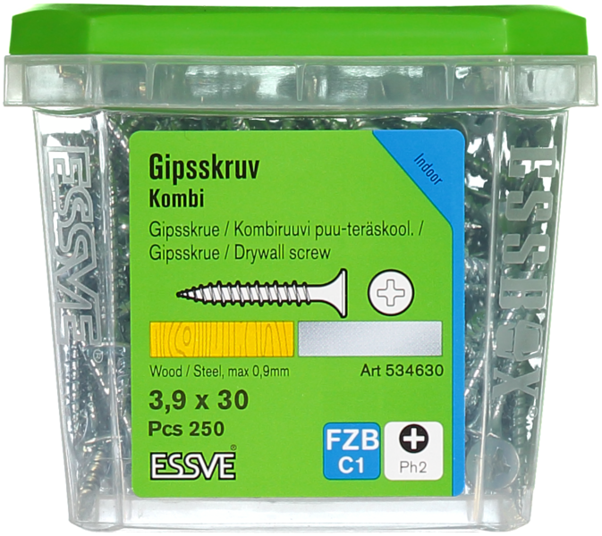 GIPSSKRUV KOMBI 3,9X30 250ST FZB PH2 TRÄ/STÅLREGEL