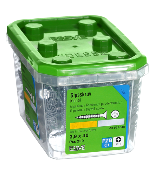 GIPSSKRUV KOMBI PH2 FZB 3,9X40 TRÄ/STÅLREGEL 250ST
