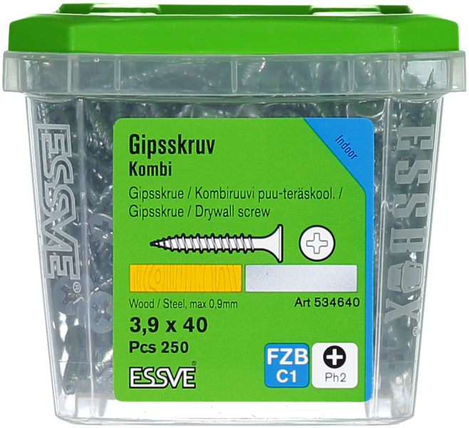 GIPSSKRUV KOMBI PH2 FZB 3,9X40 TRÄ/STÅLREGEL 250ST