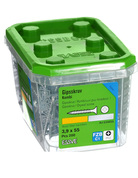 GIPSSKRUV KOMBI PH2 FZB 3,9X55 TRÄ/STÅLREGEL 200ST