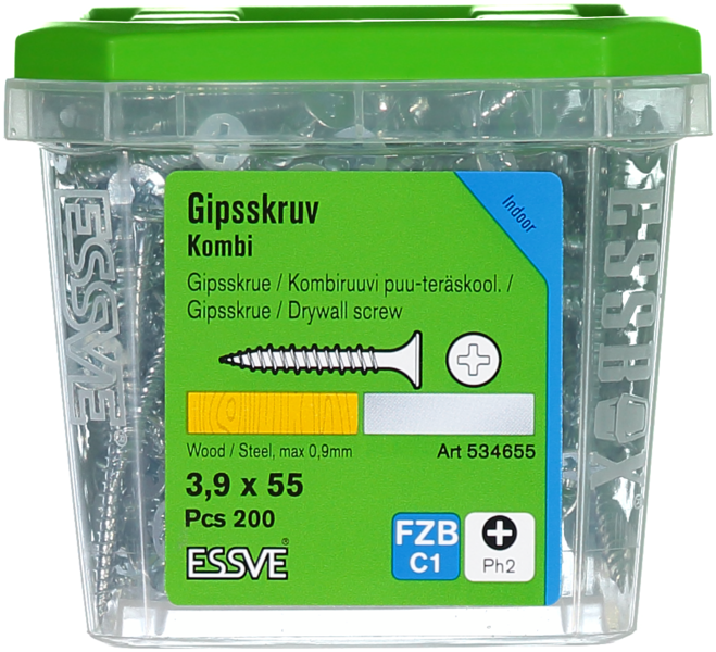 GIPSSKRUV KOMBI PH2 FZB 3,9X55 TRÄ/STÅLREGEL 200ST